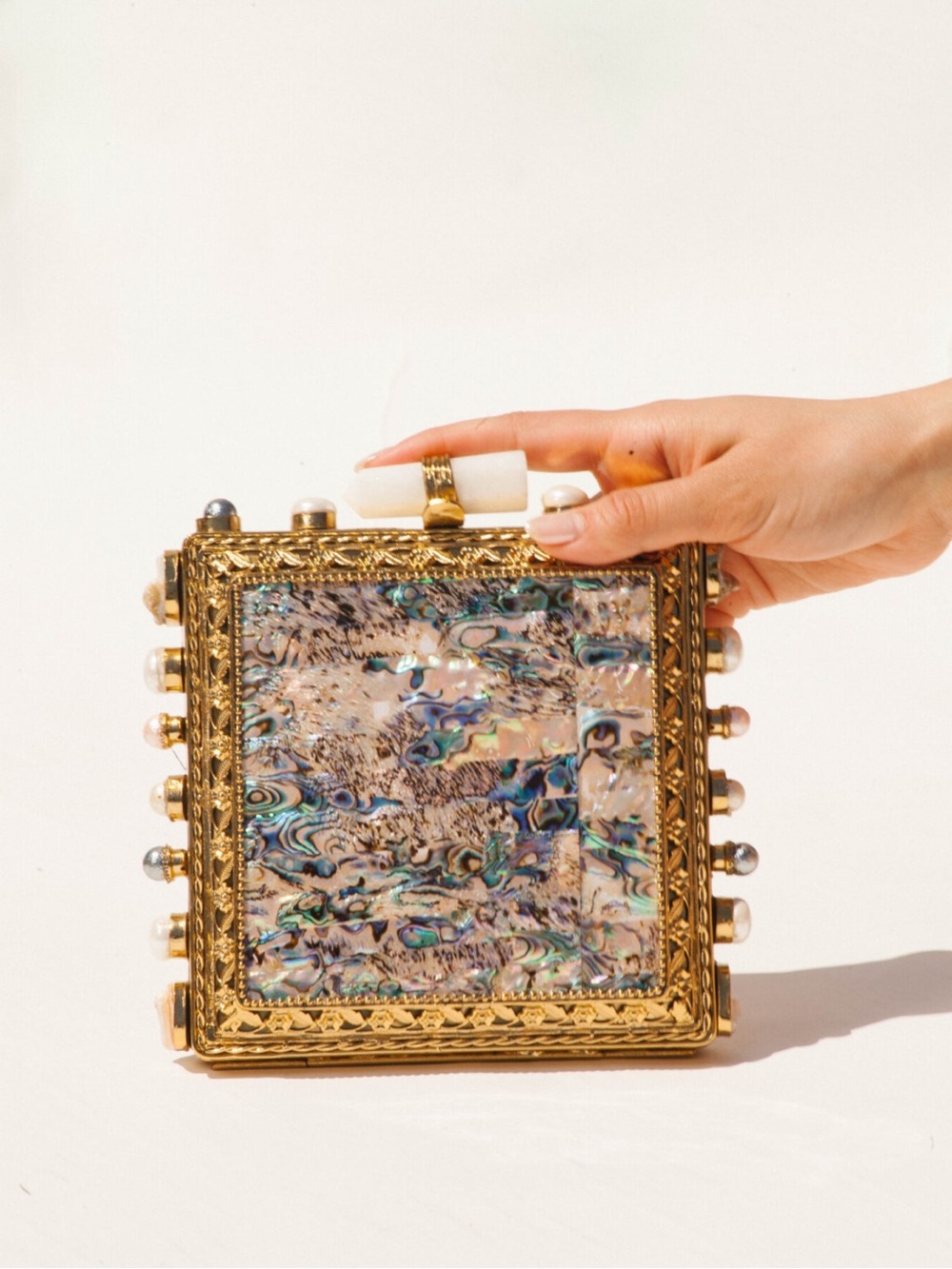 RAMLA Gold Abalone Prestige Square Box Clutch New Handle Purse Bag